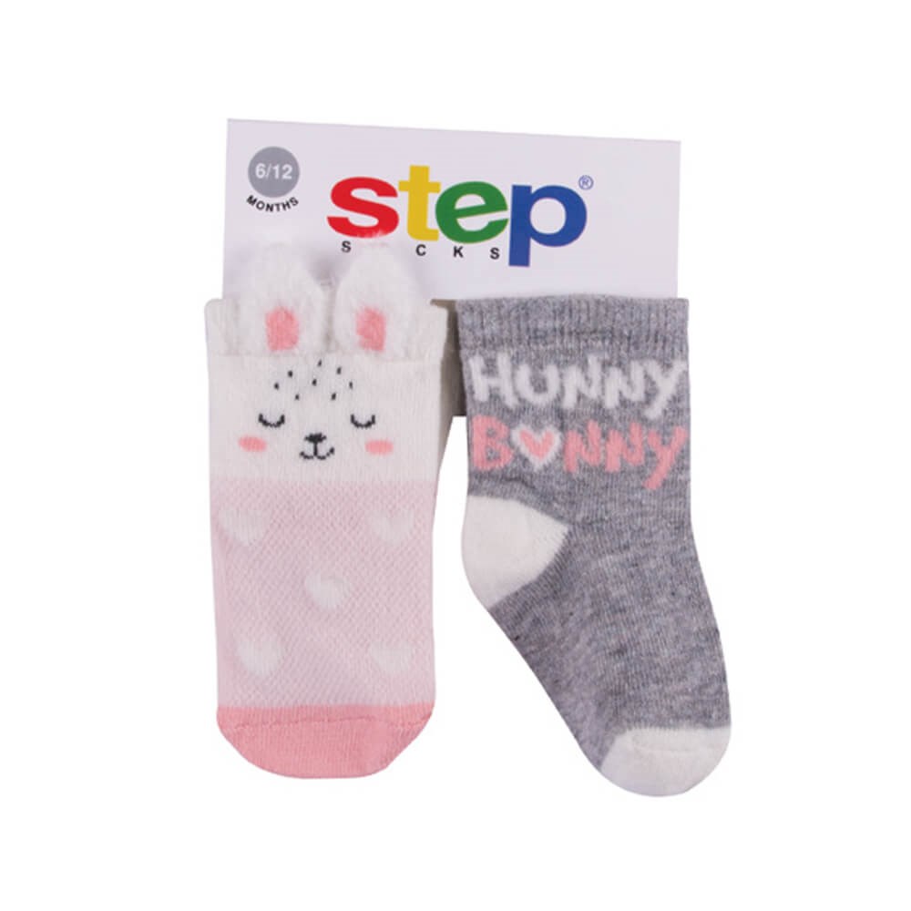Step Hunny Bunny 2'li Soket Bebek Çorabı 10099 Gri-Pembe