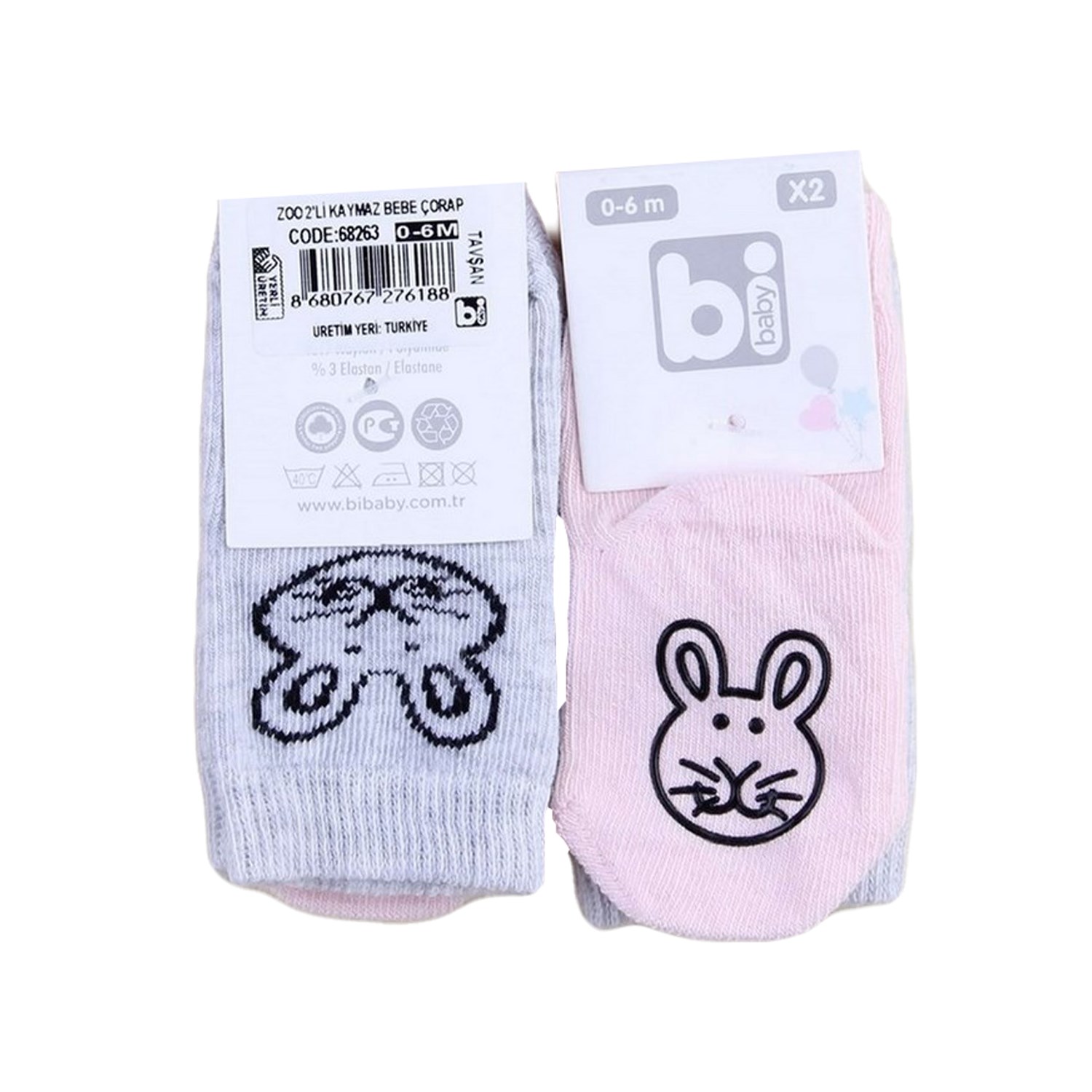 Bibaby Zoo 2'li Kaymaz Bebek Çorap 68263 Gri-Pembe Bibaby Zoo 2'li Kaymaz Bebek Çorap 68263 Gri-Pembe