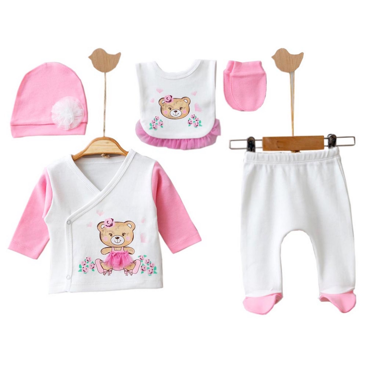 Mini Cayzen Simli Ayıcık 5'li Bebek Hastane Çıkış Seti 2036 Pembe