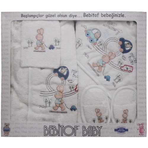 Bebitof 3130 Bebek Bornoz Seti Arabalı Tavşanlı Mavi