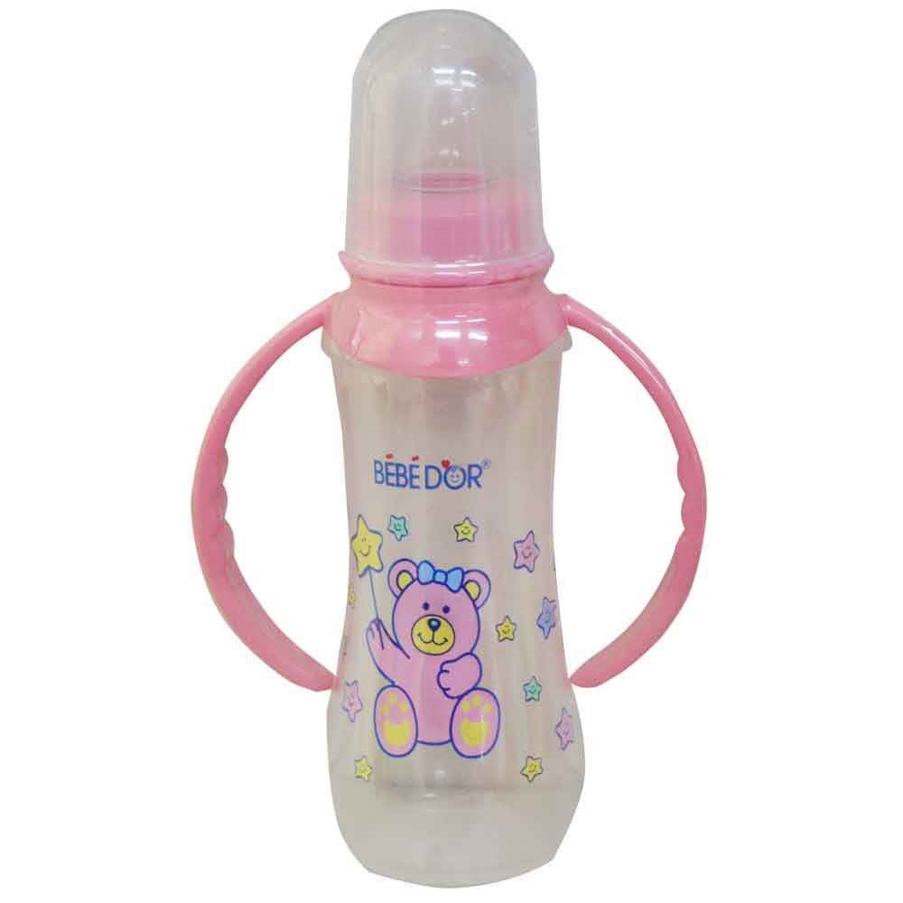 Bebedor Silikon Emzikli Desenli Kulplu 250 ml Biberon Pembe