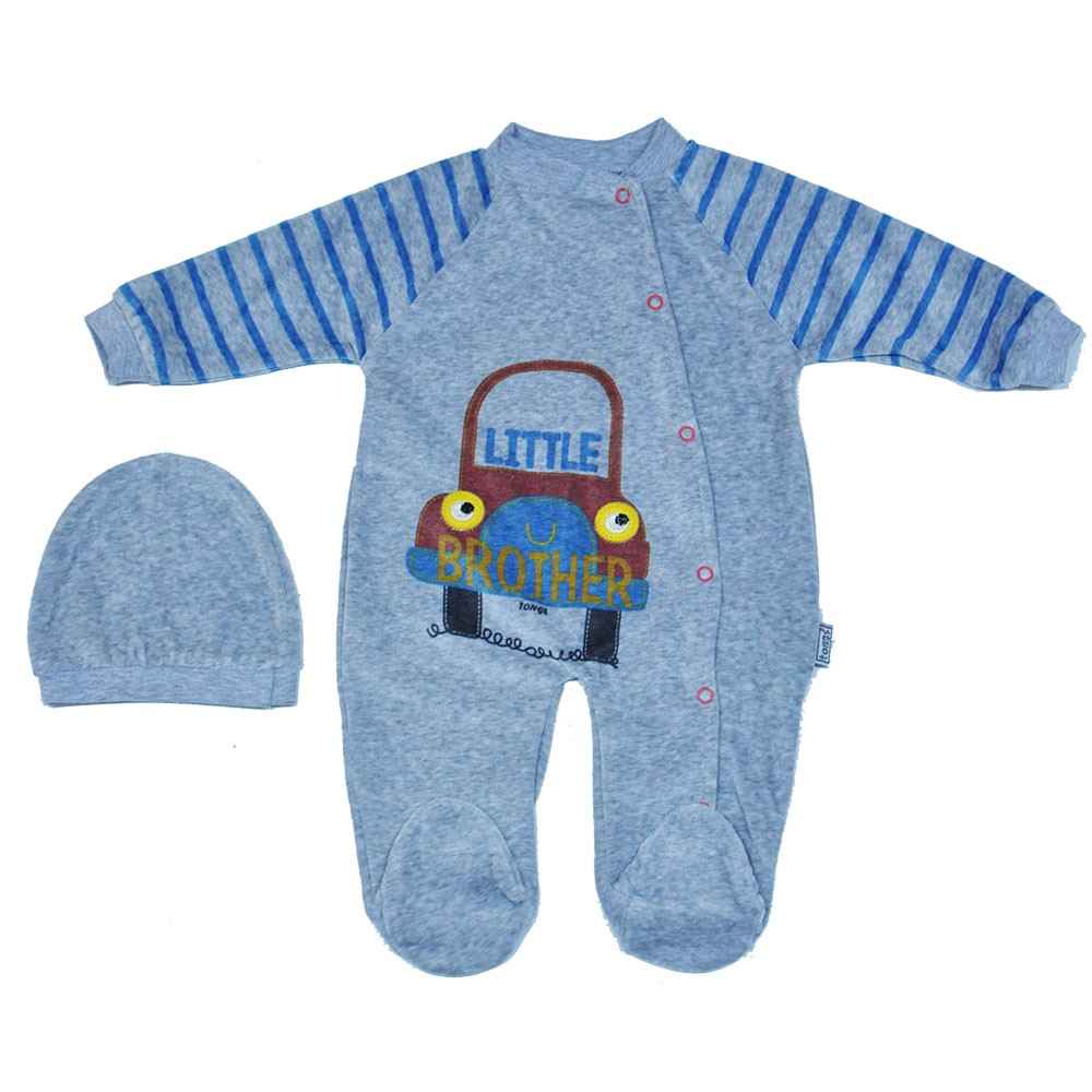 Baby Tongs 132119 Kadife Arabalı Bebek Tulumu Gri İlke Bebe