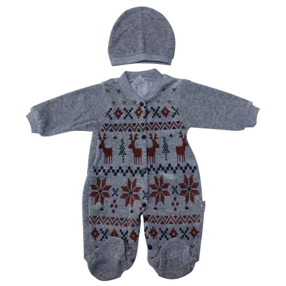 Baby Tongs 132124 Geyikli Kadife Bebek Tulumu Gri-Kırmızı