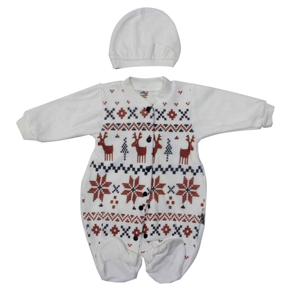 Baby Tongs 132124 Geyikli Kadife Bebek Tulumu Krem-Kırmızı