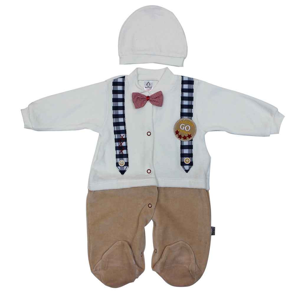 Baby Tongs 132123 Ekose Kadife Bebek Tulumu Krem-Kahverengi