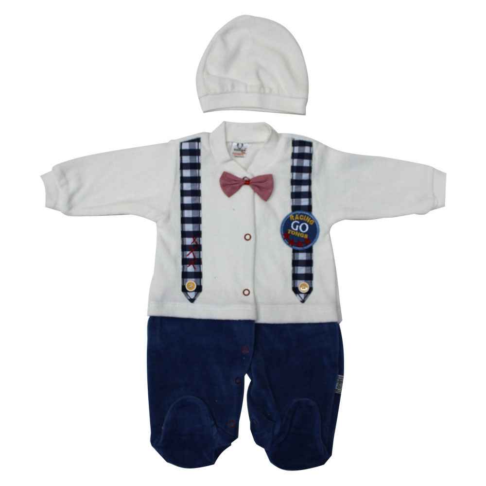 Baby Tongs 132123 Ekose Kadife Bebek Tulumu Krem-Lacivert