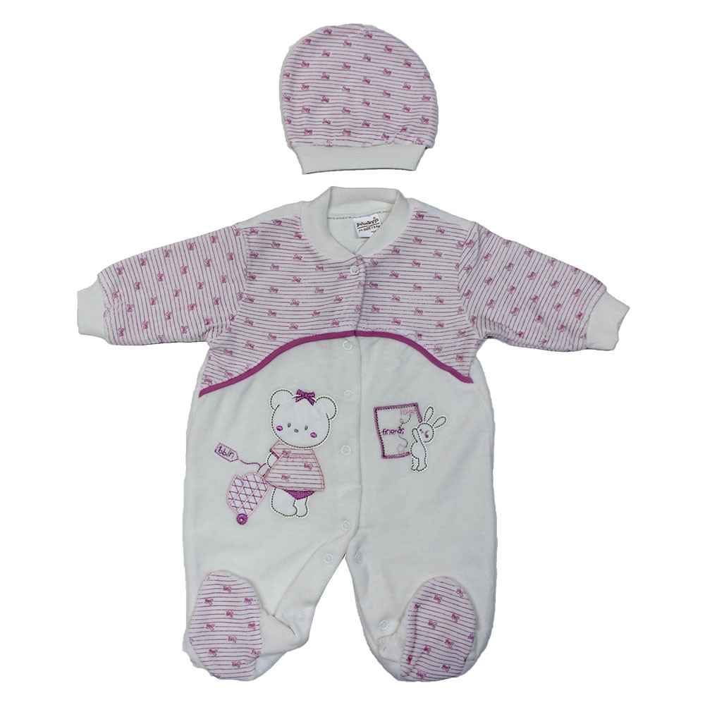 Bebelinna 88852 Bavullu Kadife Kız Bebek Tulumu Fuşya