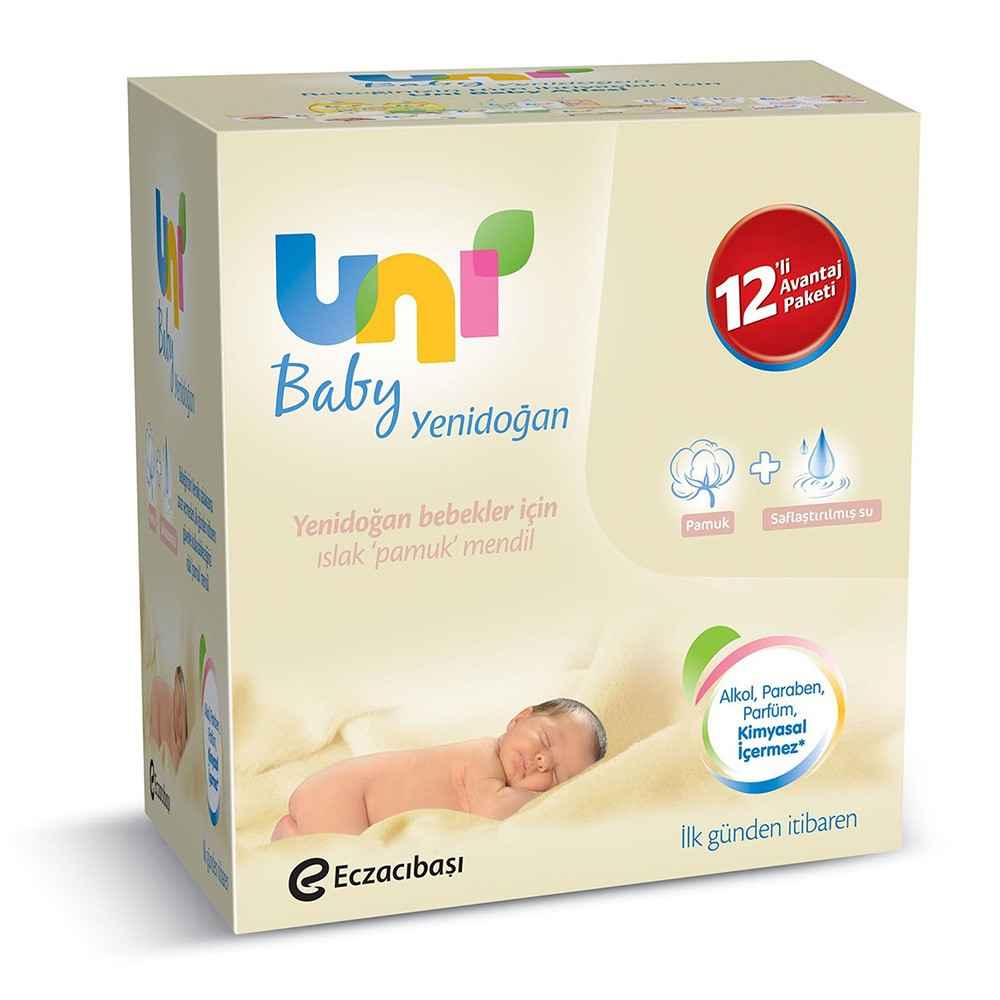 Uni Baby Yenidoğan Islak Pamuk Mendil 12li 