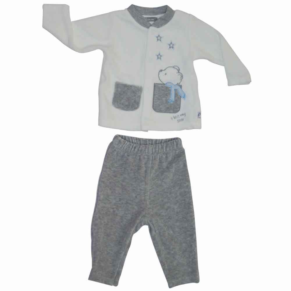 Premom 1015-1 Yıldızlı Ayıcık 2li Kadife Bebek Takımı Gri