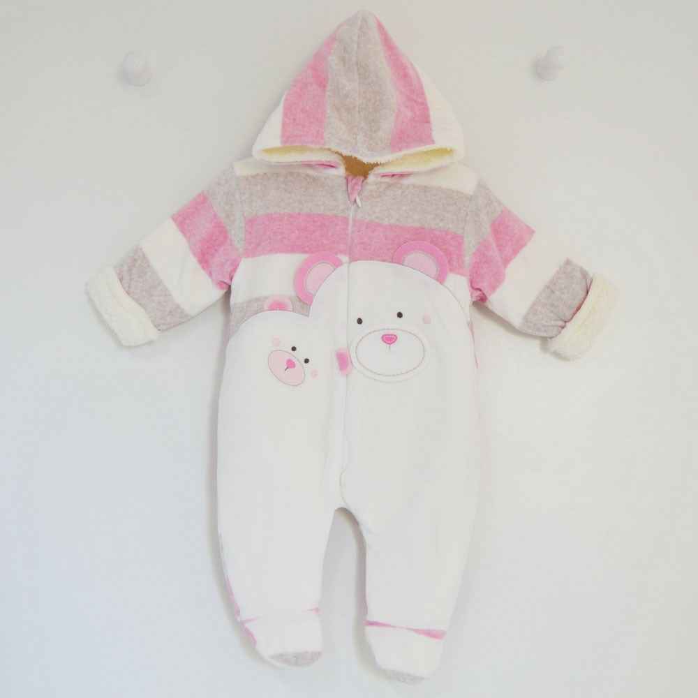 Mini Damla 42351 Çizgili Ayıcık Kadife Tulum Pembe