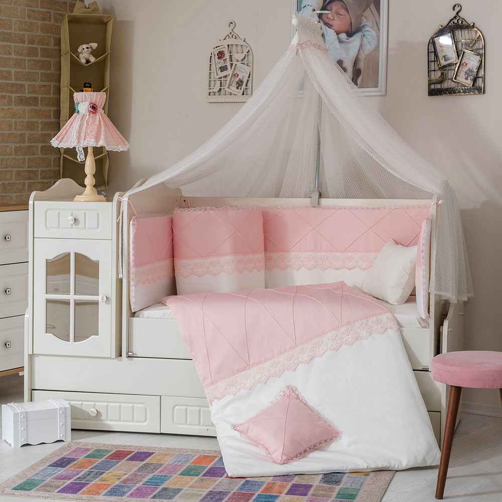 Mini Baby Nervür Bebek Uyku Seti 10 Parça 70x130 cm Pembe