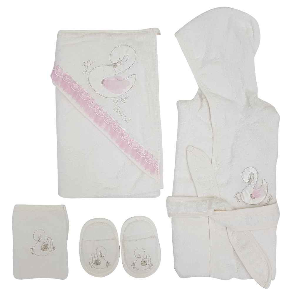 Bebitof 3251 Kuğulu Bebek Bornoz Seti Krem-Pembe