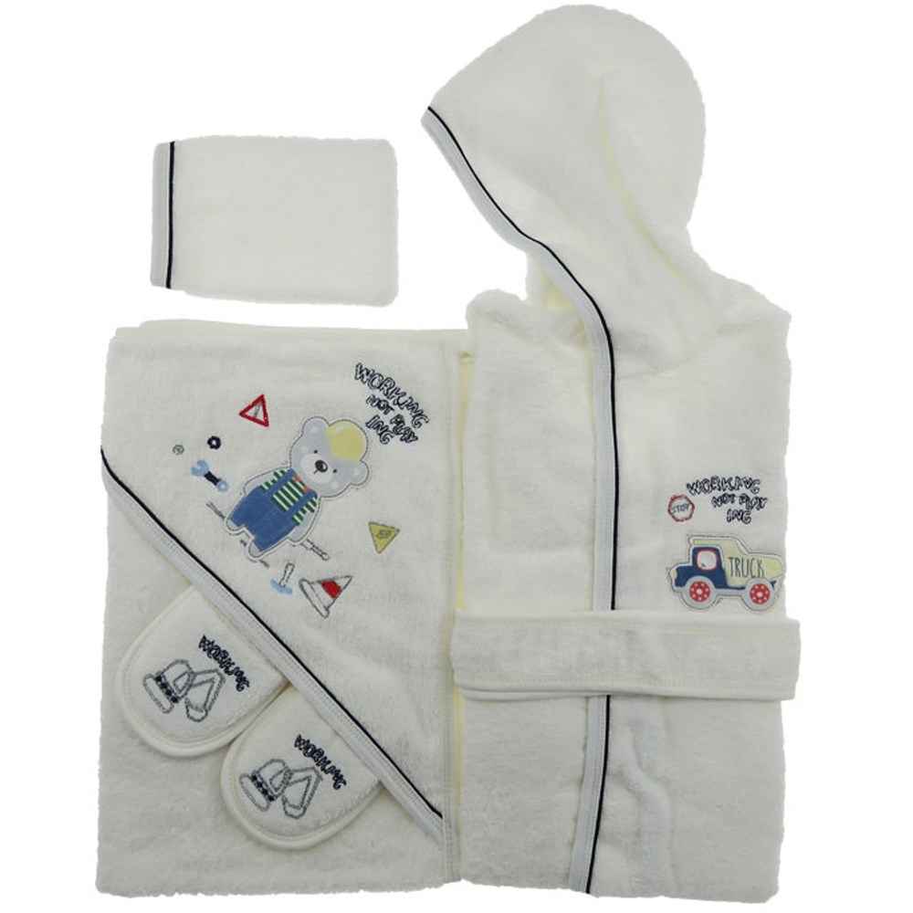 Bebitof 3255 Çalışan Ayıcık Bebek Bornoz Seti Krem-Lacivert