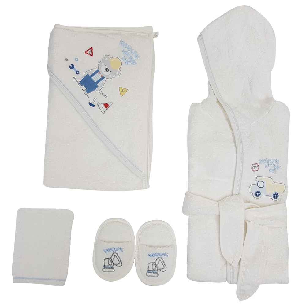 Bebitof 3255 Çalışan Ayıcık Bebek Bornoz Seti Krem-Mavi