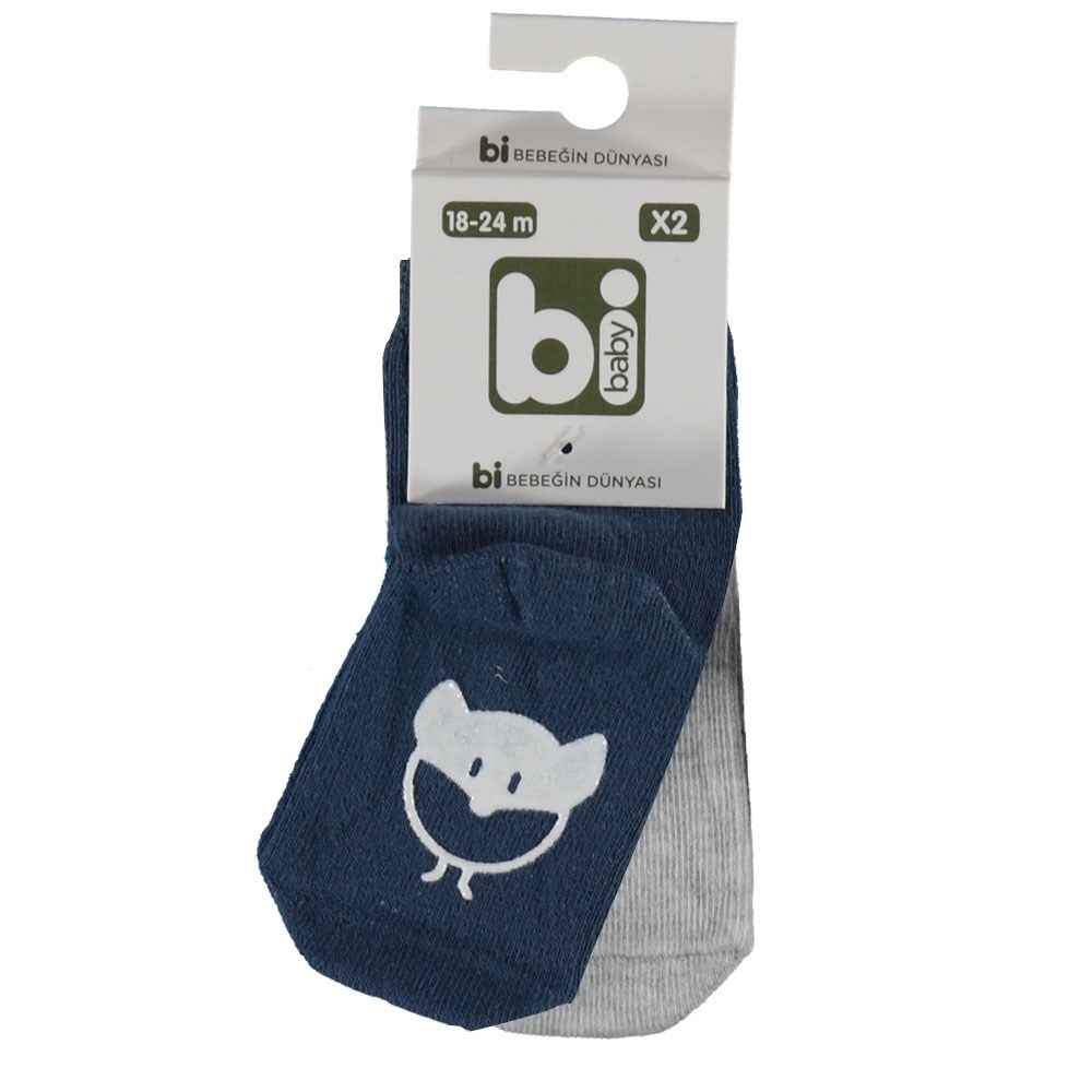Bibaby 68142 Desenli Kaymaz 2'li Bebek Çorabı Gri-Lacivert