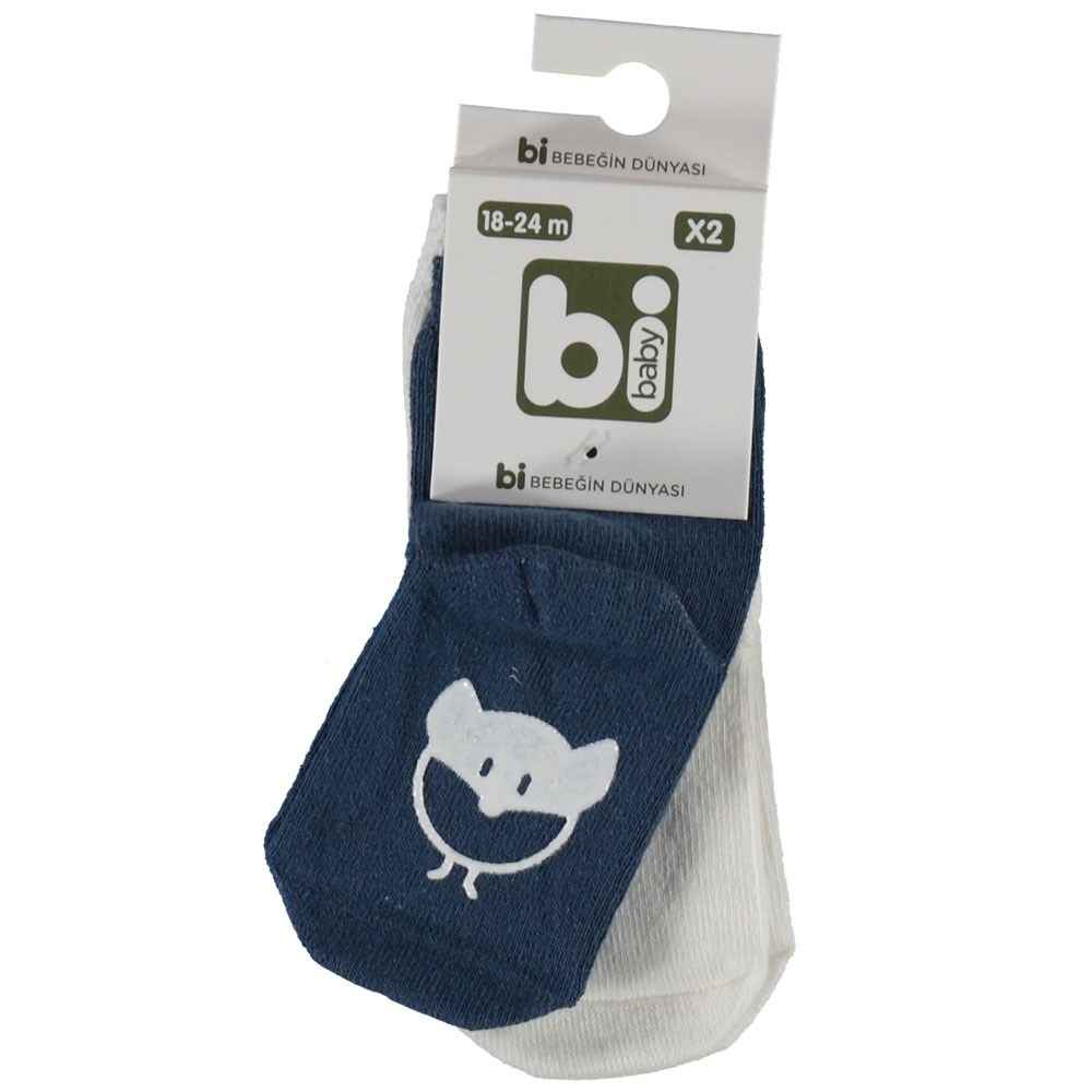 Bibaby 68142 Desenli Kaymaz 2'li Bebek Çorabı Krem-Lacivert