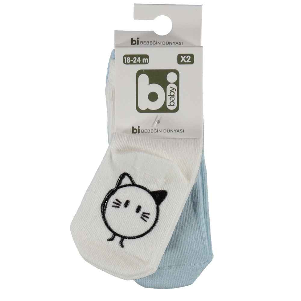 Bibaby 68142 Desenli Kaymaz 2'li Bebek Çorabı Krem-Mavi