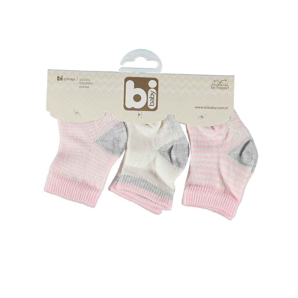 Bibaby 68109 Çizgili 3'lü Bebek Çorabı 0-3 Ay Krem-Pembe