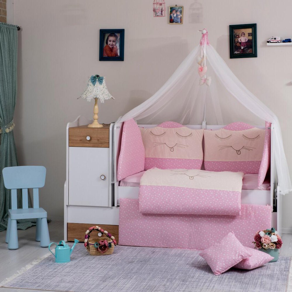 Mini Baby Kedi Bebek Uyku Seti 10 Parça 70x130 cm Pembe