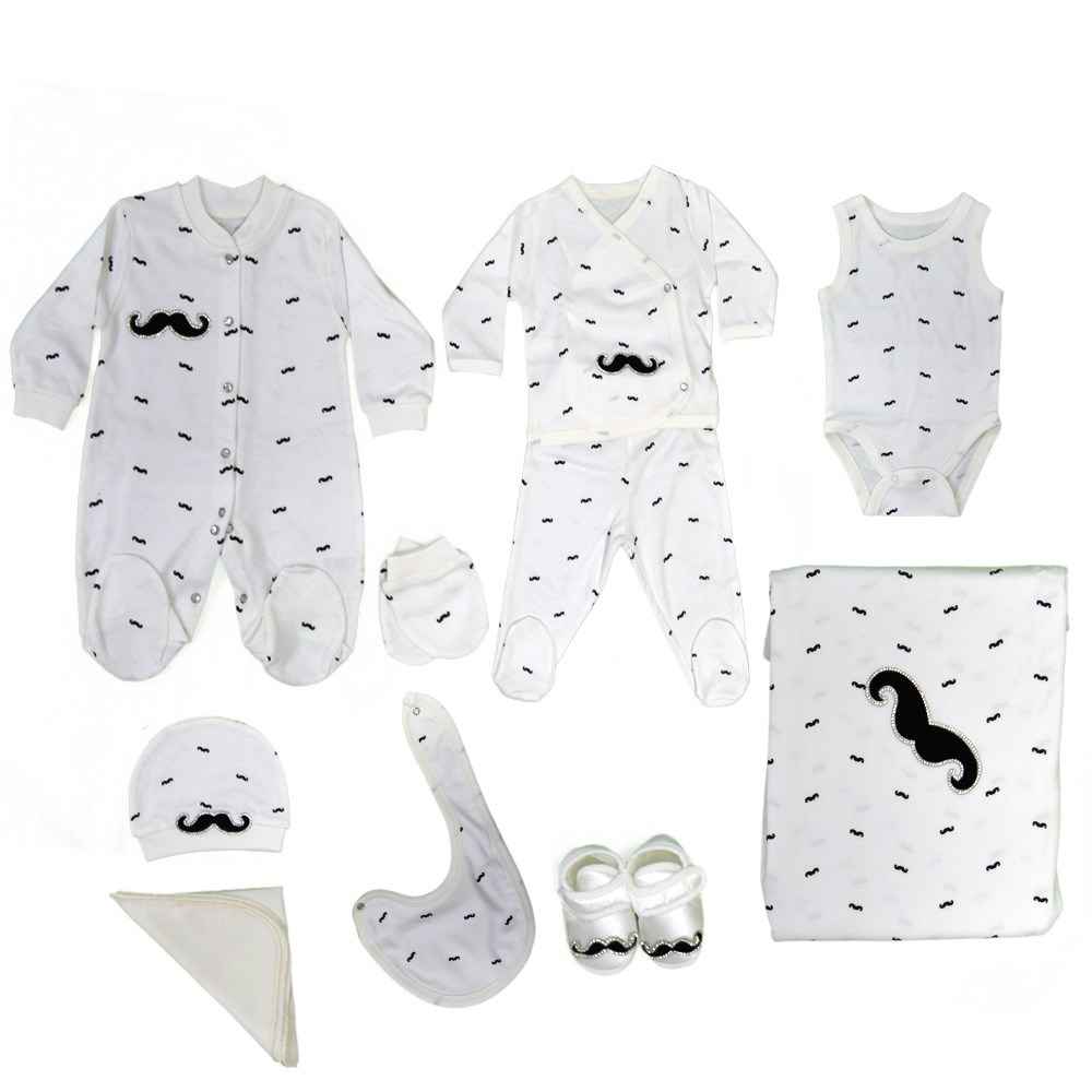 Eda Baby Bıyık Baskılı 10'lu Hastane Çıkış Seti 9156-2 Beyaz