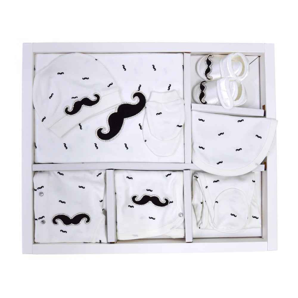 Eda Baby Bıyık Baskılı 10'lu Hastane Çıkış Seti 9156-2 Beyaz