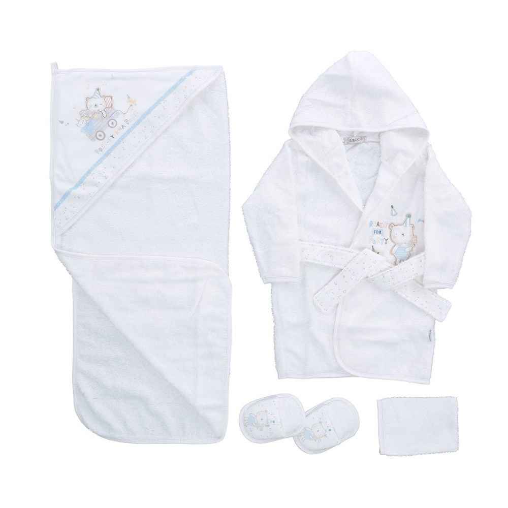 Bebitof Uykucu Ayıcık Bebek Bornoz Seti 3219 Krem-Mavi