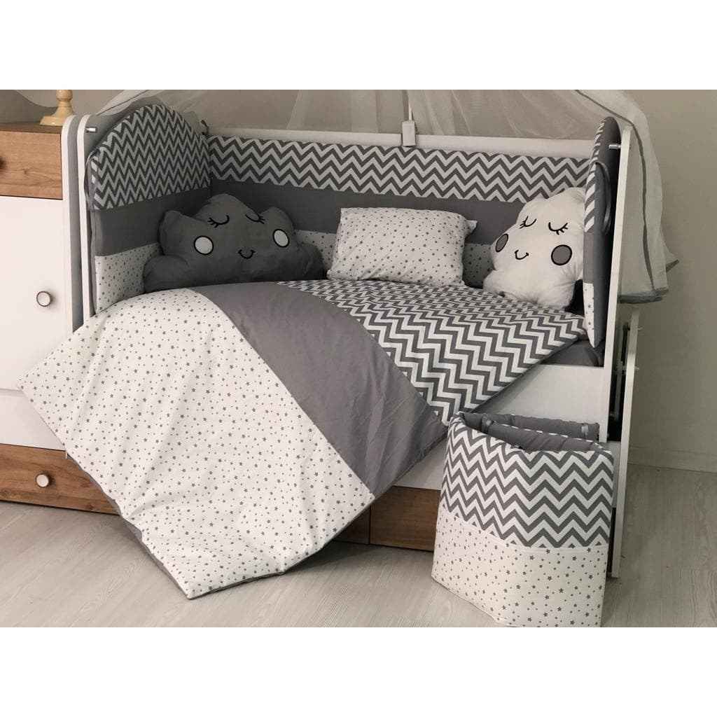 Mini Baby Figürlü Bebek Uyku Seti 10 Parça 75x130 cm Gri