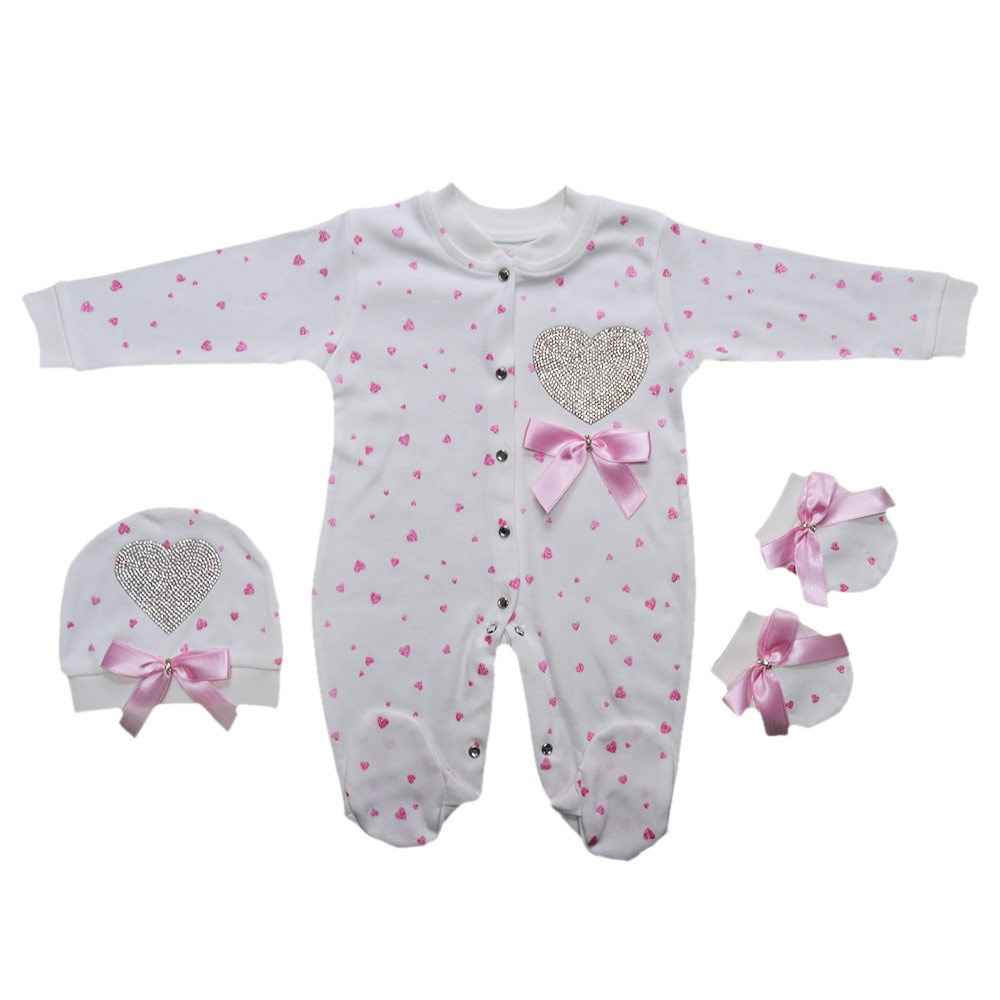 Eda Baby 7719 Kalp Baskılı Bebek Tulumu Beyaz-Pembe