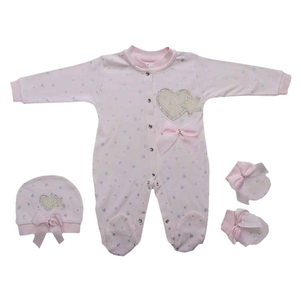 Eda Baby 7719 Kalp Baskılı Bebek Tulumu Pembe