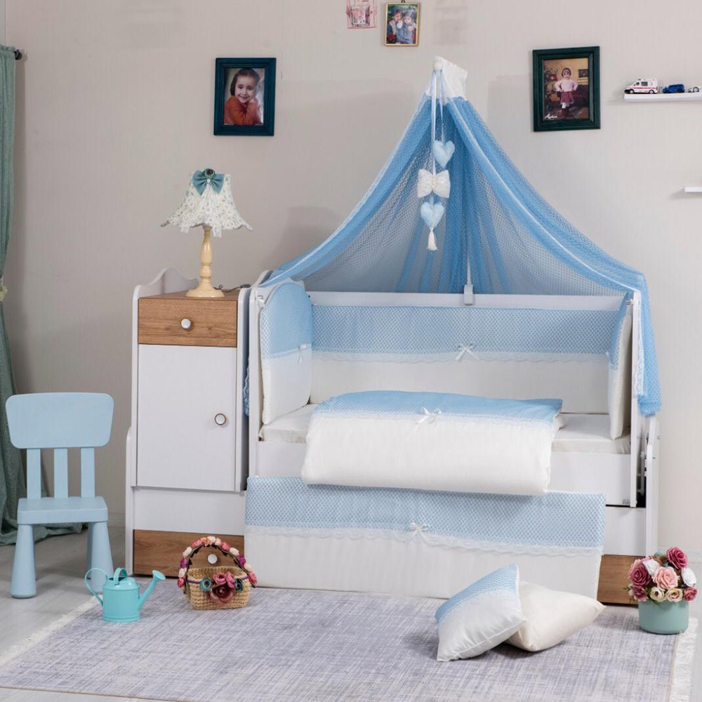 Mini Baby Fileli Bebek Uyku Seti 10 Parça 60x120 cm Mavi