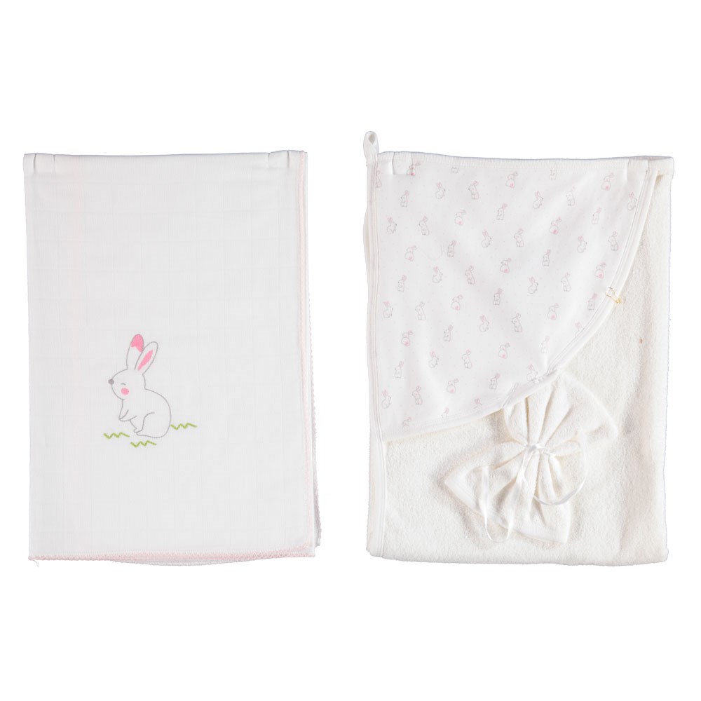 Bibaby Organik Rabbit 3lü Havlulu Müslin Set 66201 Ekru-Pembe