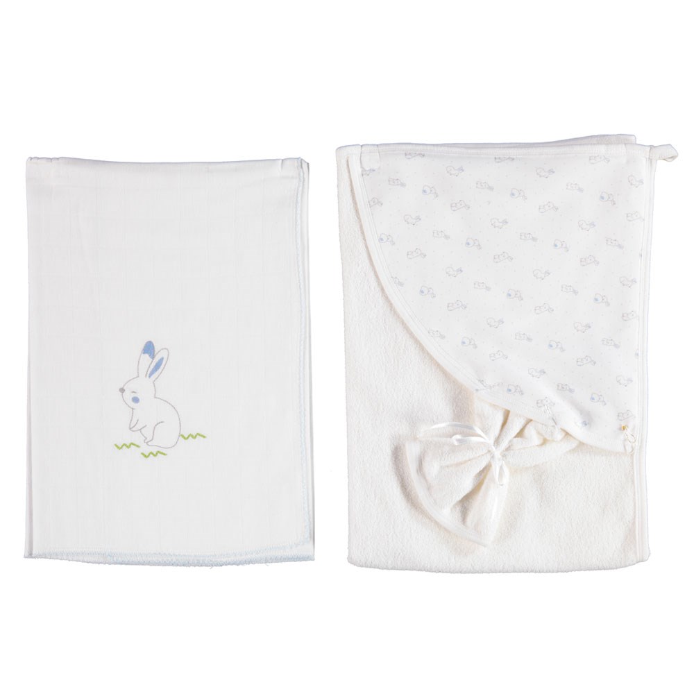 Bibaby Organik Rabbit 3lü Havlulu Müslin Set 66202 Ekru-Mavi