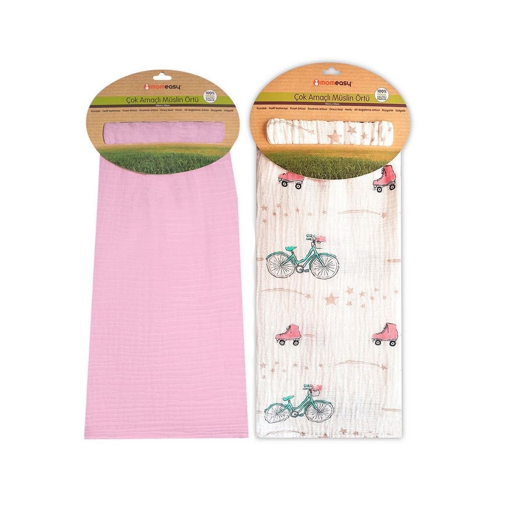 Momeasy İkili Müslin Örtü 100x120  Beyaz-Pembe