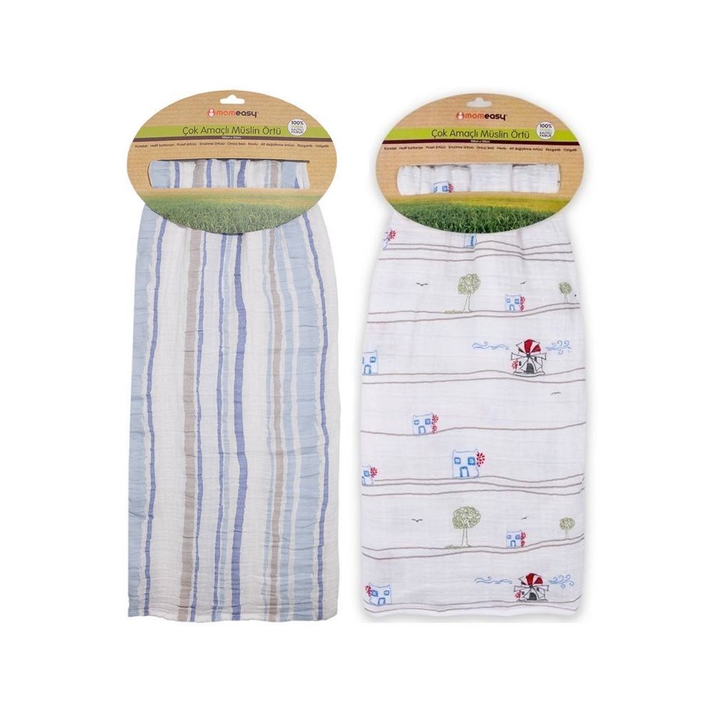 Momeasy İkili Müslin Örtü 100x120  Beyaz-Lacivert