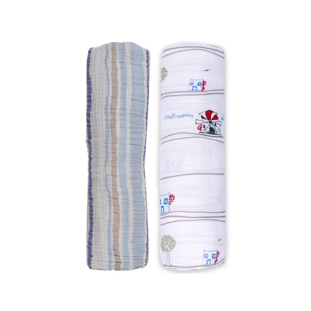 Momeasy İkili Müslin Örtü 100x120  Beyaz-Lacivert