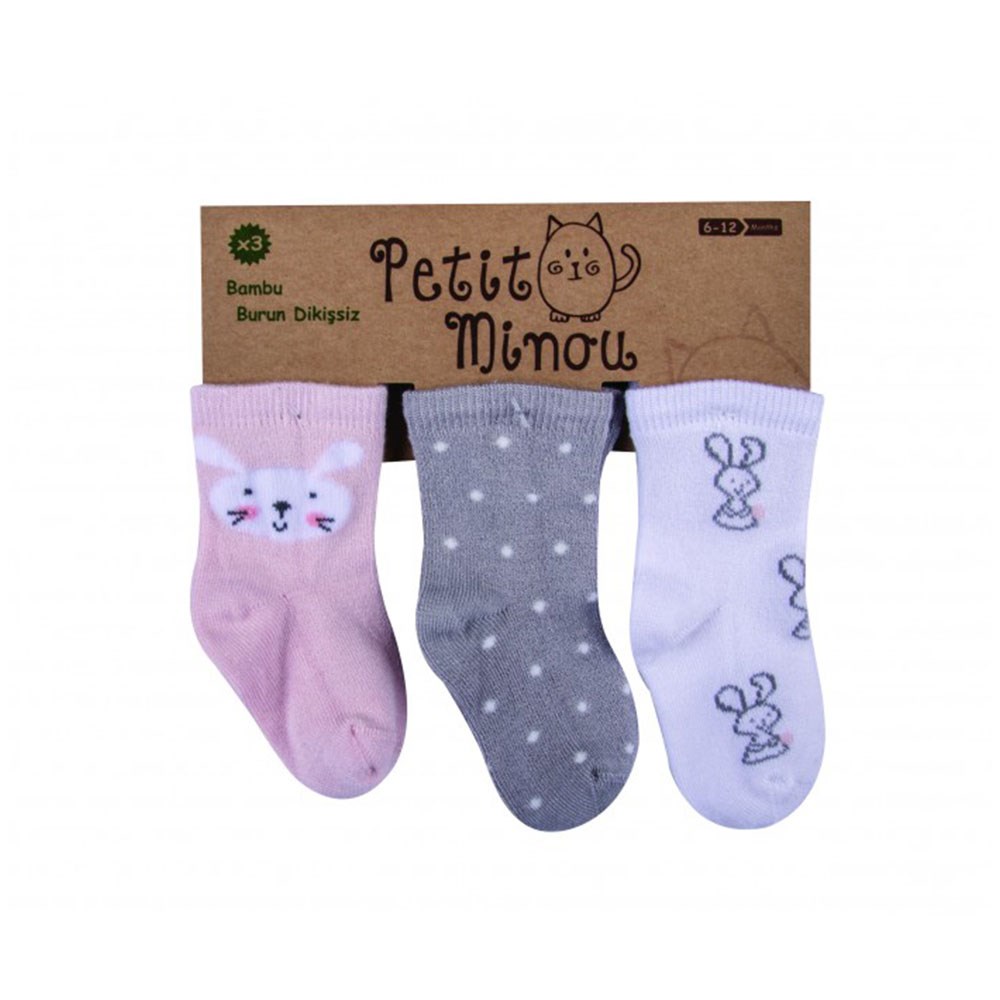 Petit Minou 3'lu Soket Bebek Çorabı 2042-00 Gri-Pembe