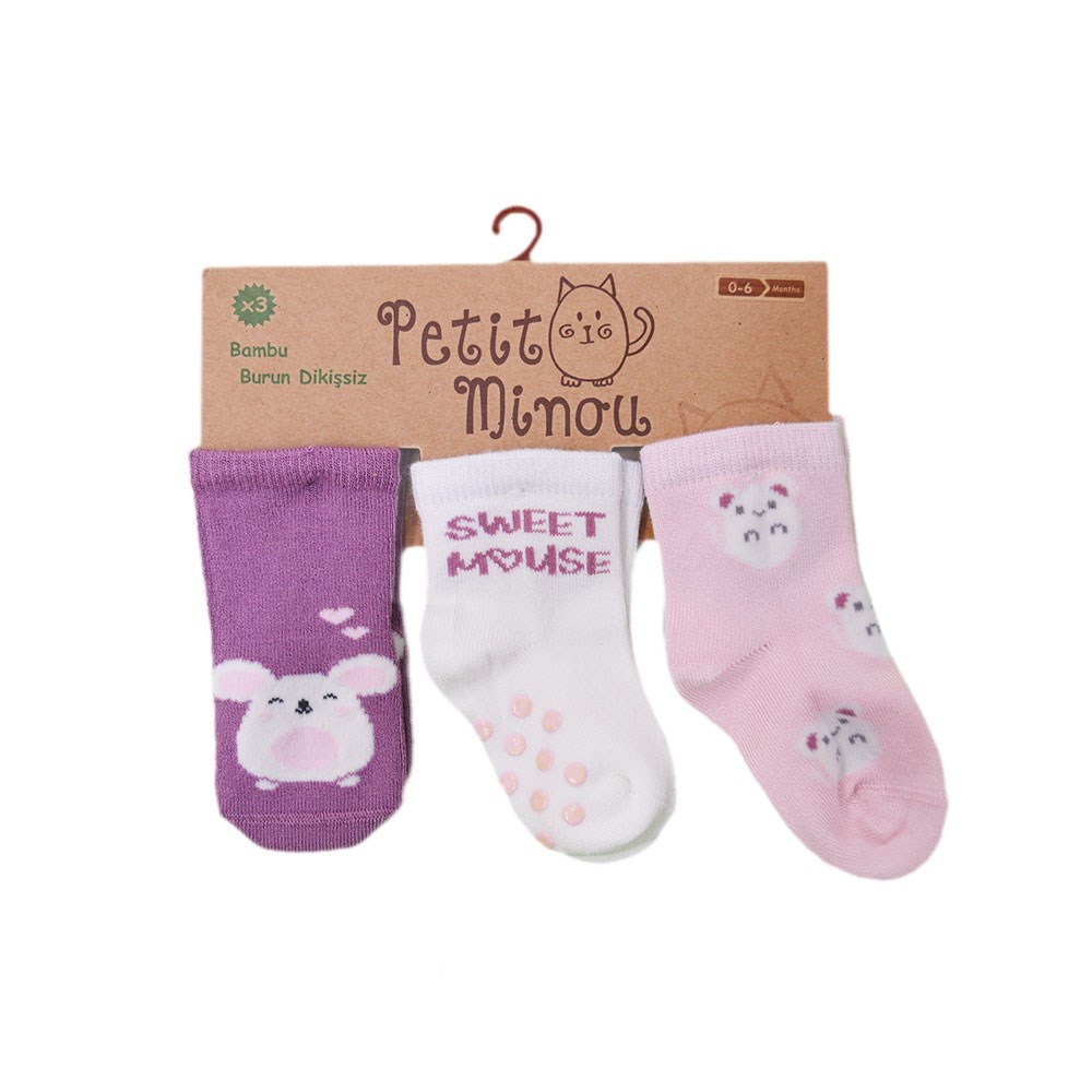 Petit Minou Sweet Mouse Bebek Çorabı 3'lü 2057 Mor-Pembe