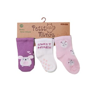 Petit Minou Sweet Mouse Bebek Çorabı 3'lü 2057 Mor-Pembe