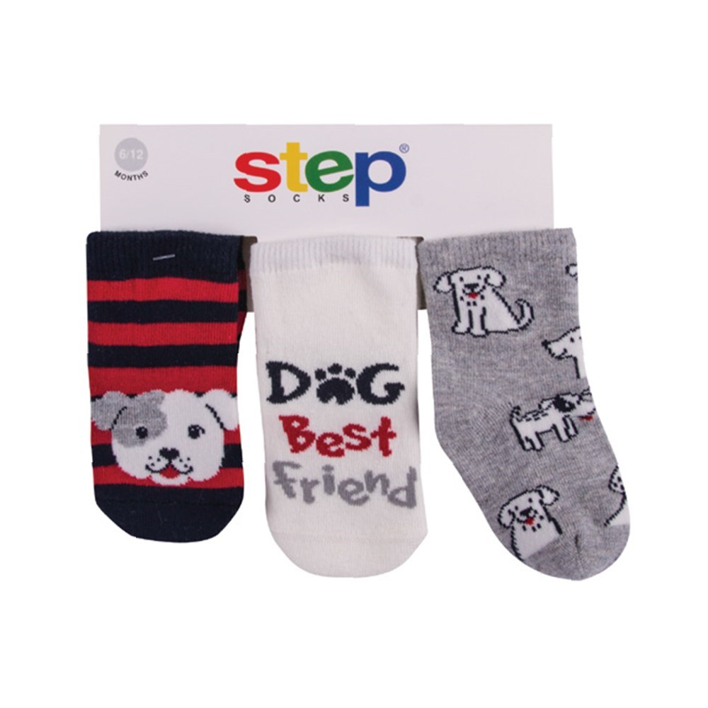 Step Best Dog 3'lü Soket Bebek Çorabı 10068 Gri-Kırmızı