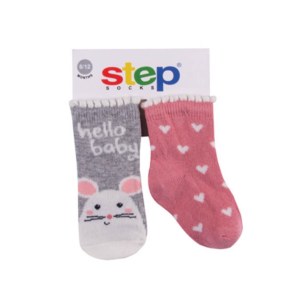 Step Hello Baby Mose 2'li Soket Bebek Çorabı 10097 Gri-Pembe