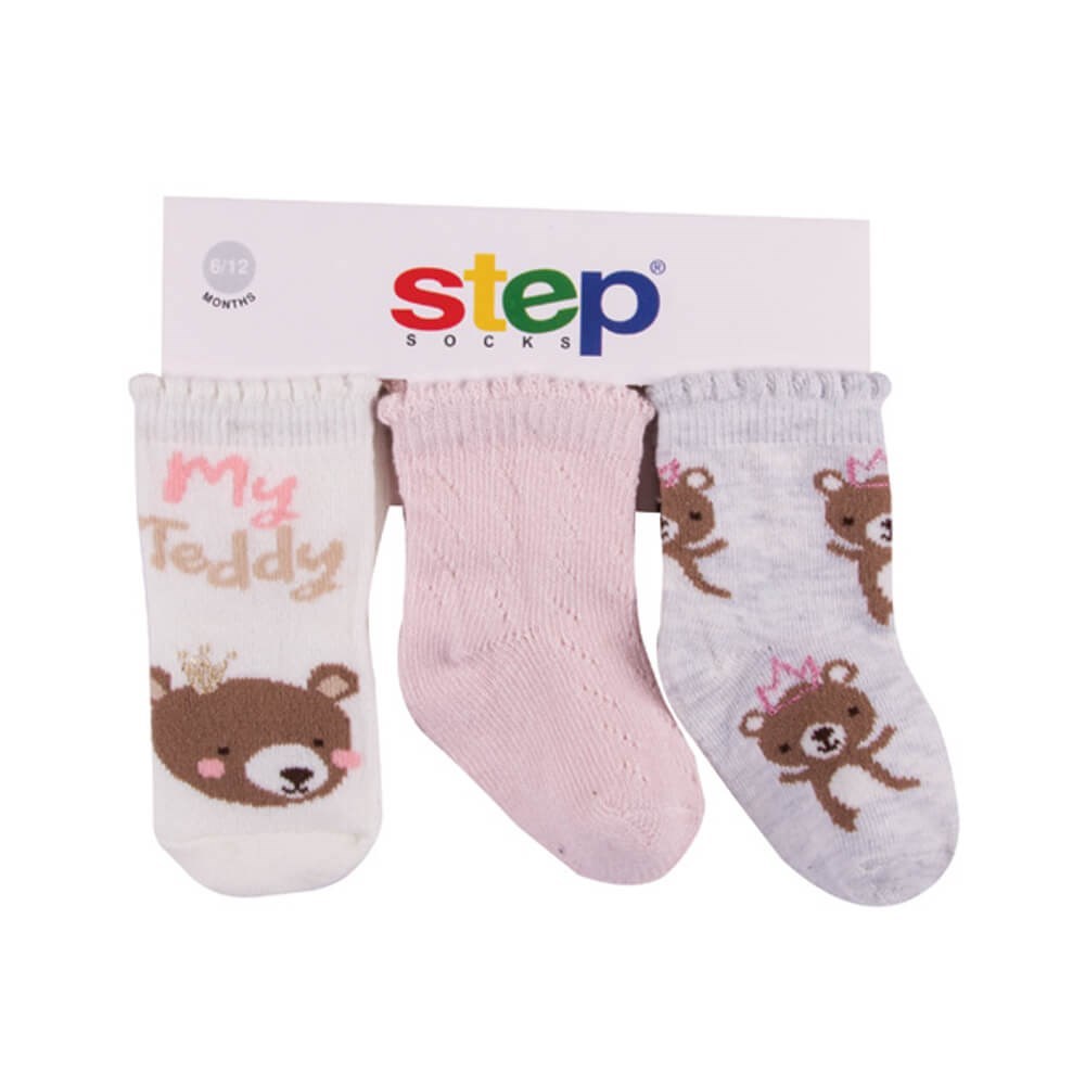 Step File Teddy 3'lü Soket Bebek Çorabı 10082 Ekru-Pembe