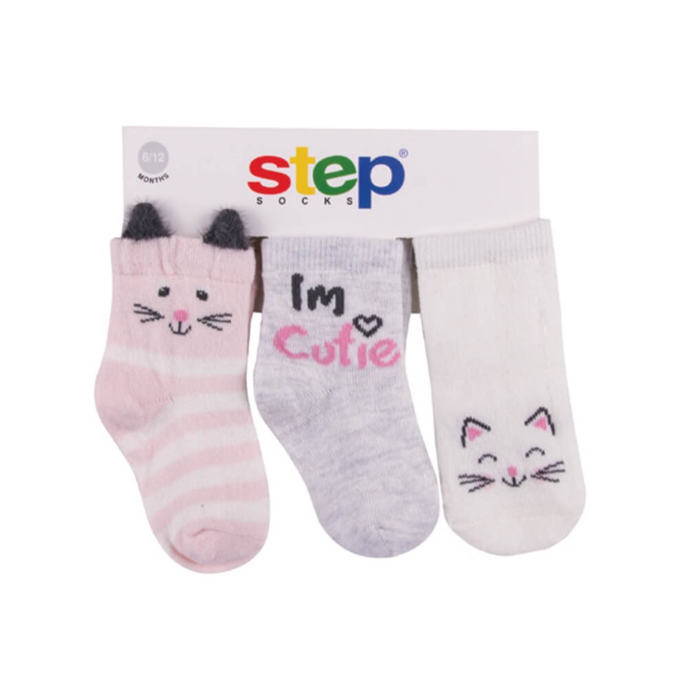 Step Cat 3'lü Soket Bebek Çorabı 10079 Ekru-Pembe