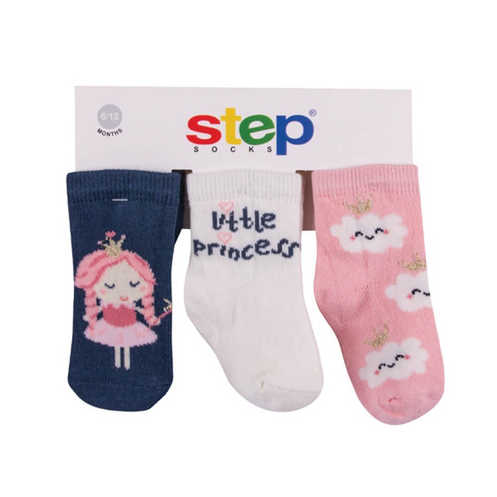 Step Princess 3'lü Soket Bebek Çorabı 10085 Lacivert-Pembe