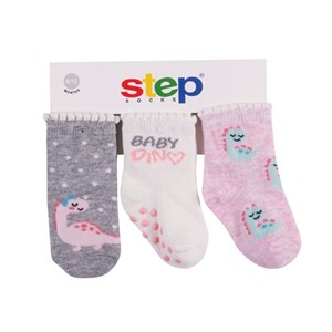 Step Baby Dino 3'lü Soket Bebek Çorabı 10087 Gri-Pembe