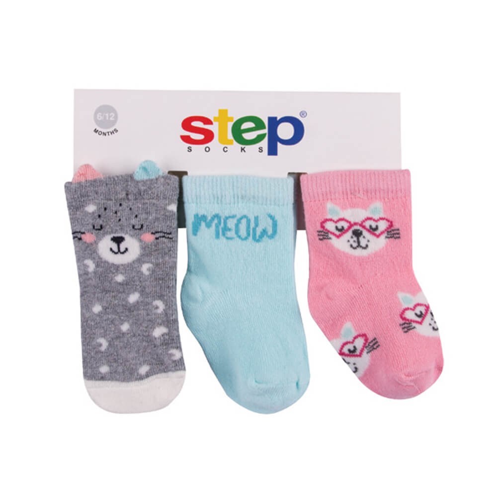 Step Meow Cat 3'lü Soket Bebek Çorabı 10083 Turkuaz-Pembe
