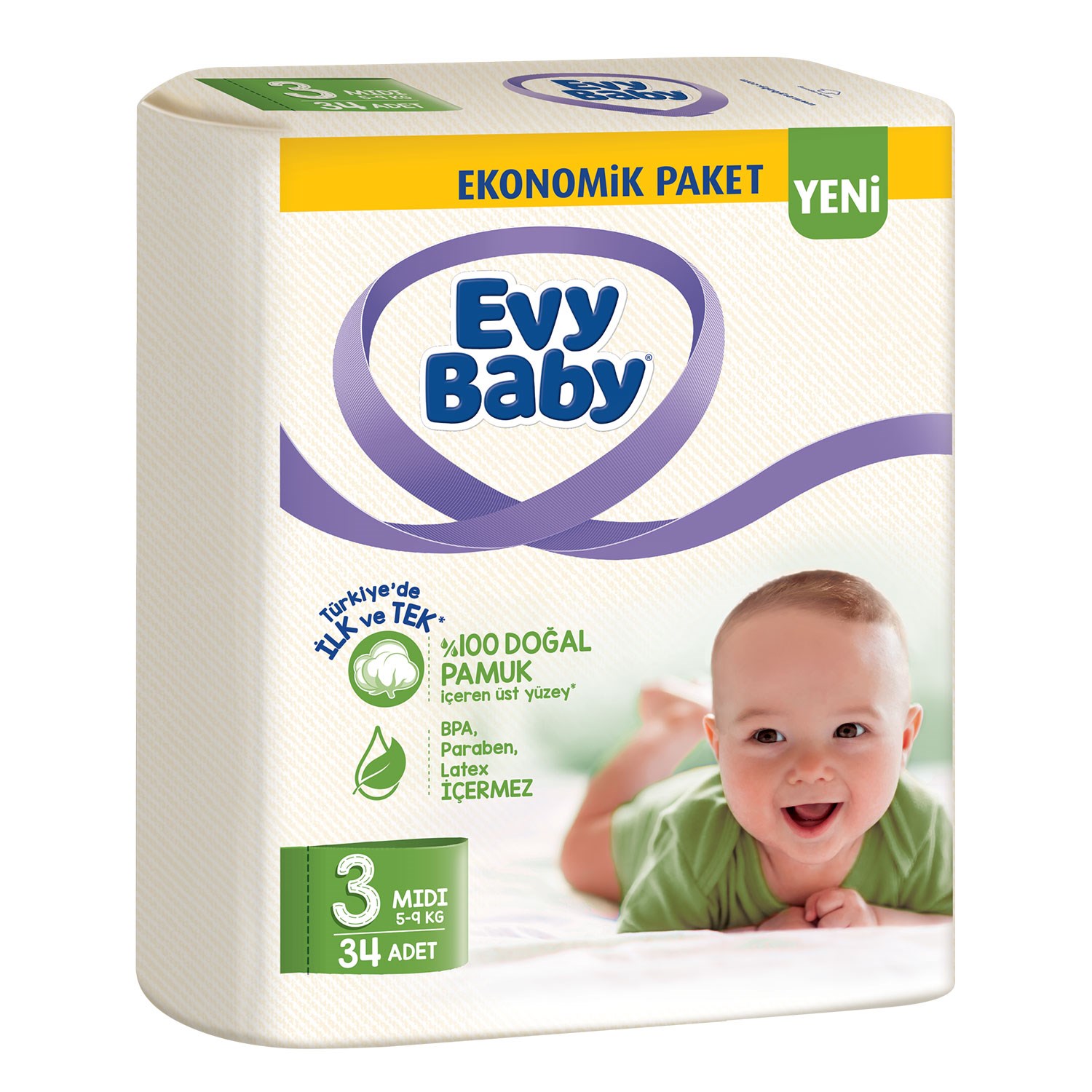 Evy Baby Bebek Bezi 3 Beden Midi 34 Adet 5-9 Kg 