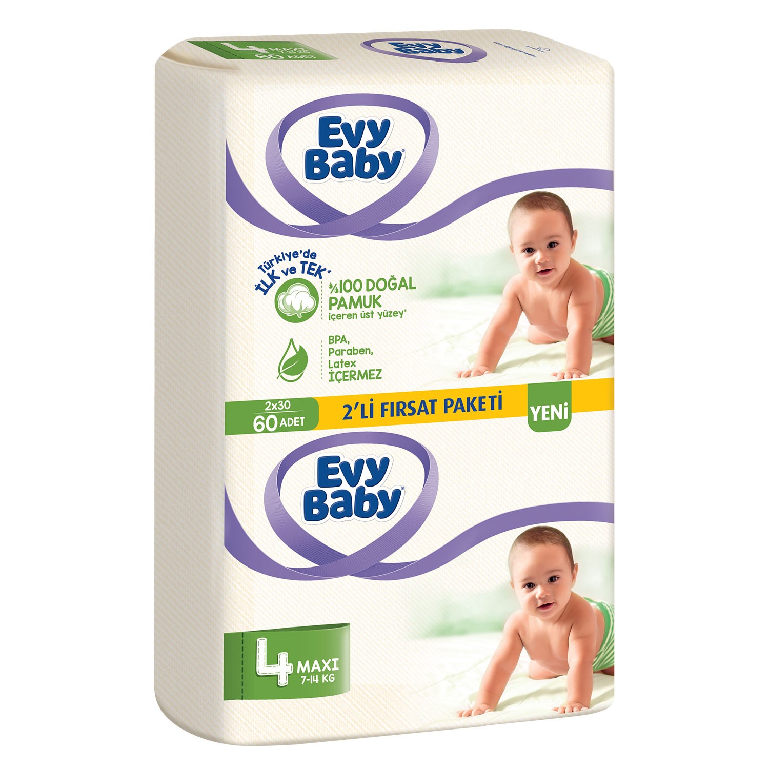 Evy Baby Bebek Bezi 4 Beden Maxi 2'li Paket 60 Adet 7-14 Kg 
