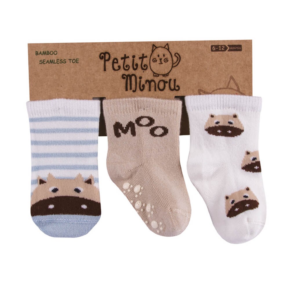 Petit Minou İnek 3'lü Soket Bebek Çorabı 2083 Mavi-Kahverengi