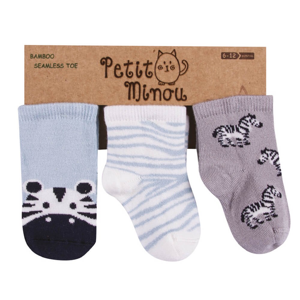 Petit Minou Zebra 3'lü Soket Bebek Çorabı 2082 Gri-Mavi