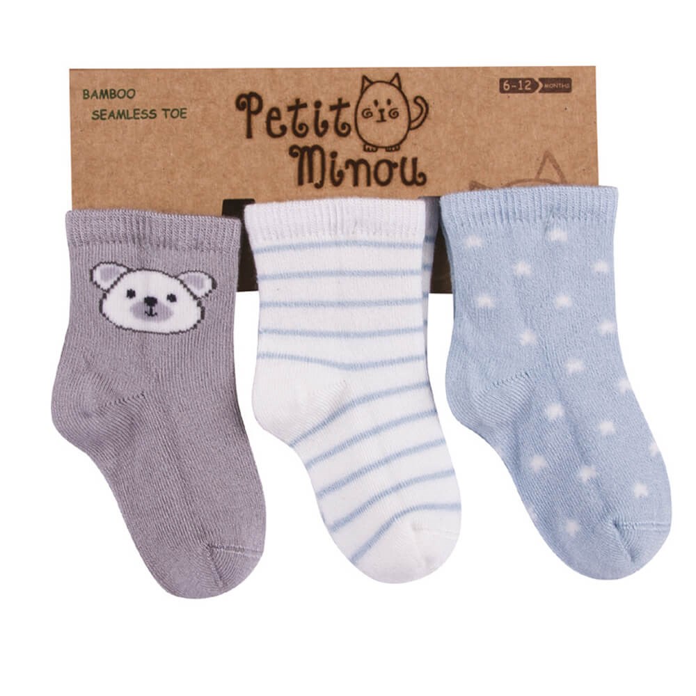 Petit Minou Ayıcık 3'lü Soket Bebek Çorabı 2084 Gri-Mavi